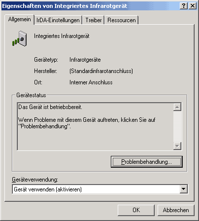 Bild von den IrDA-Eigenschaften